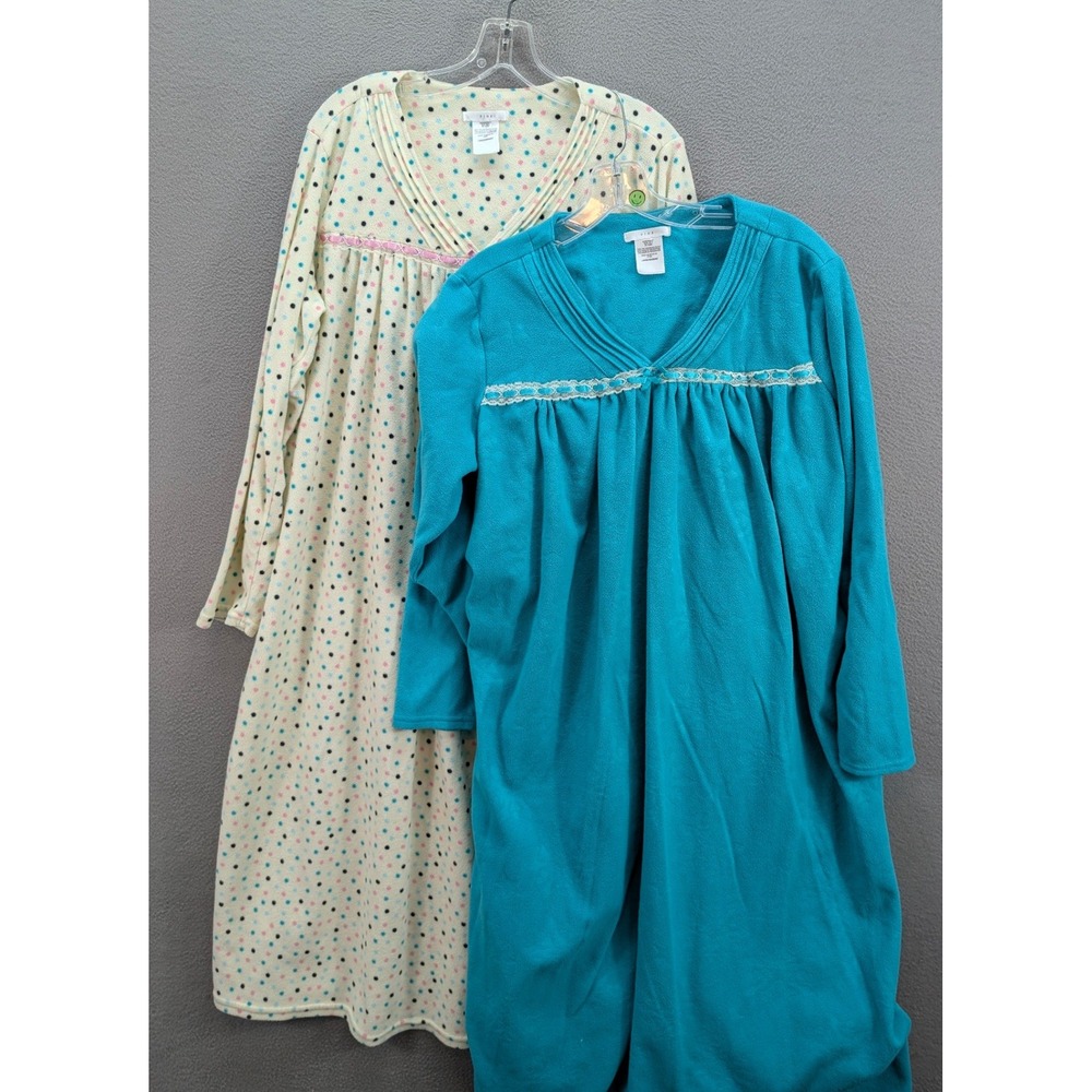 2pc Pink Fleece Polka Dot Lace Nightgown Womens L Blue White V-Neck Lounge Comfy